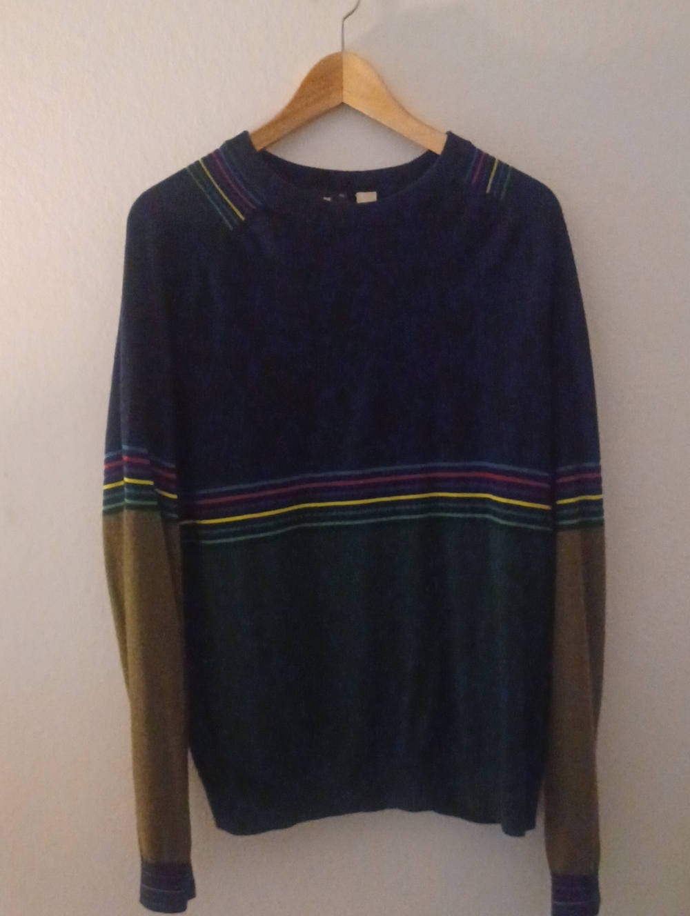 Paul Smith Navy, Forest Green & Olive Crewneck Sweater with Multicolor Stripes
